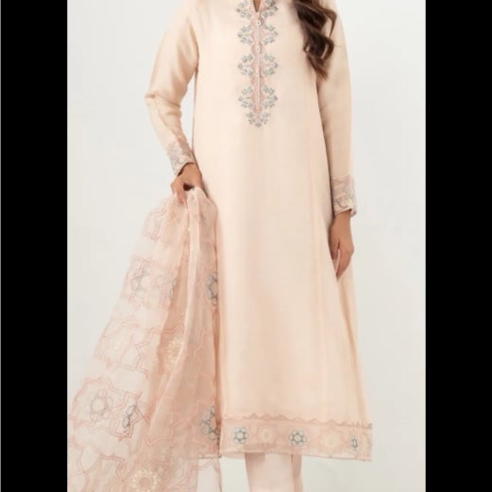 Embroidered Pastel Peach Straight Kurta with Matching Dupatta